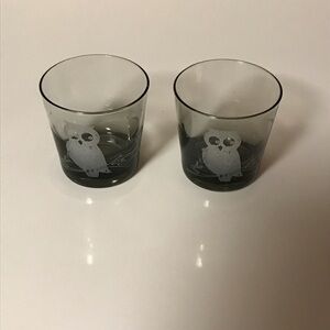 Vintage Smokey Glass Owl Design Lowball Glasses